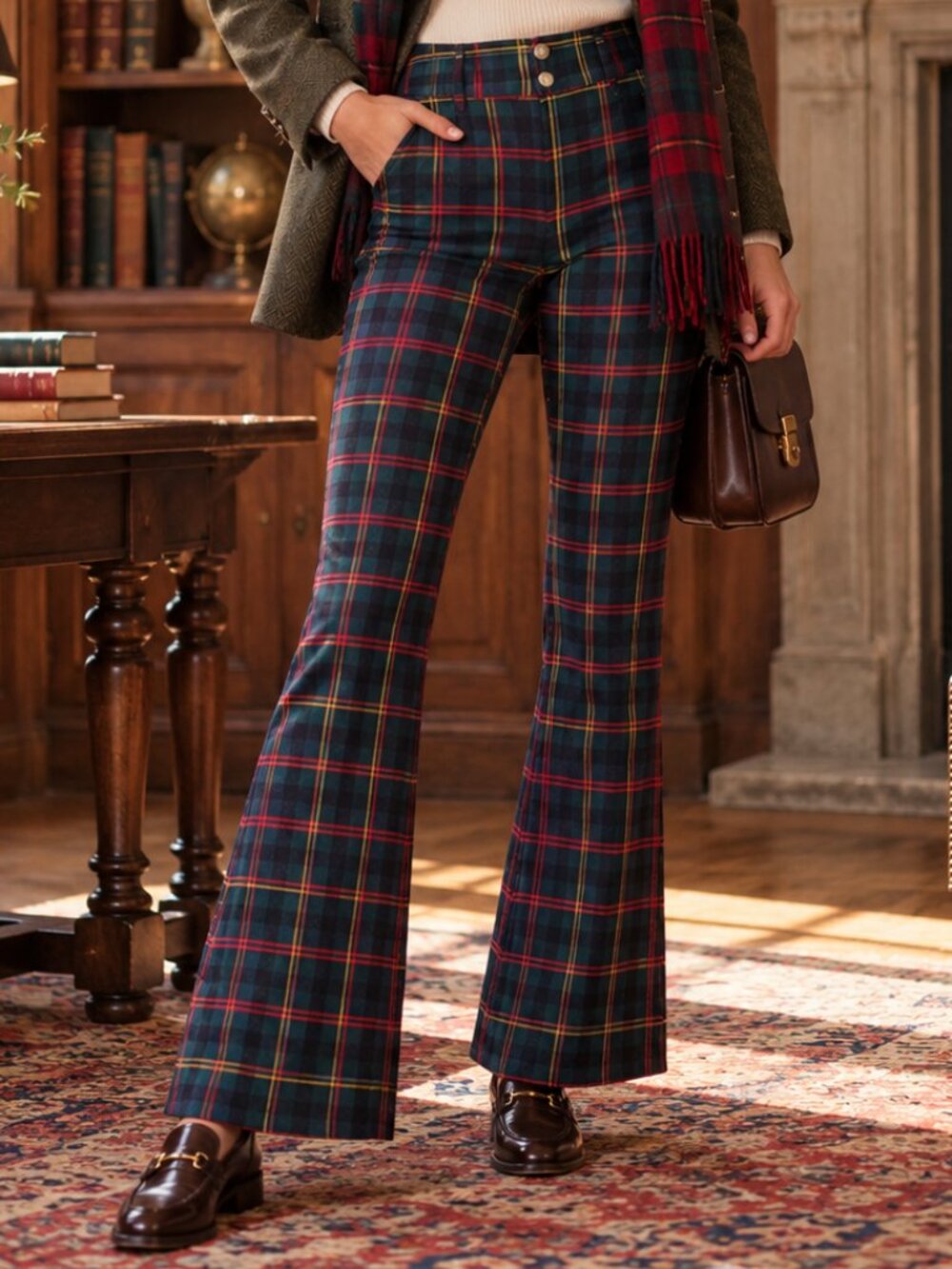 Alice + Olivia Tartan Plaid Flare Pants Navy Green Red Cotton Blend Size 6 - Picture 2 of 10